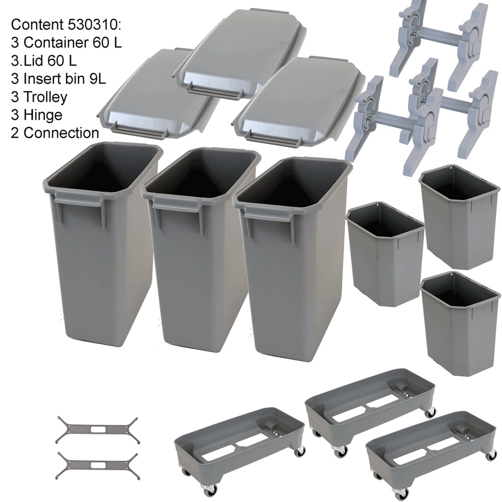 Set med tre 60L/9L grå kärl.