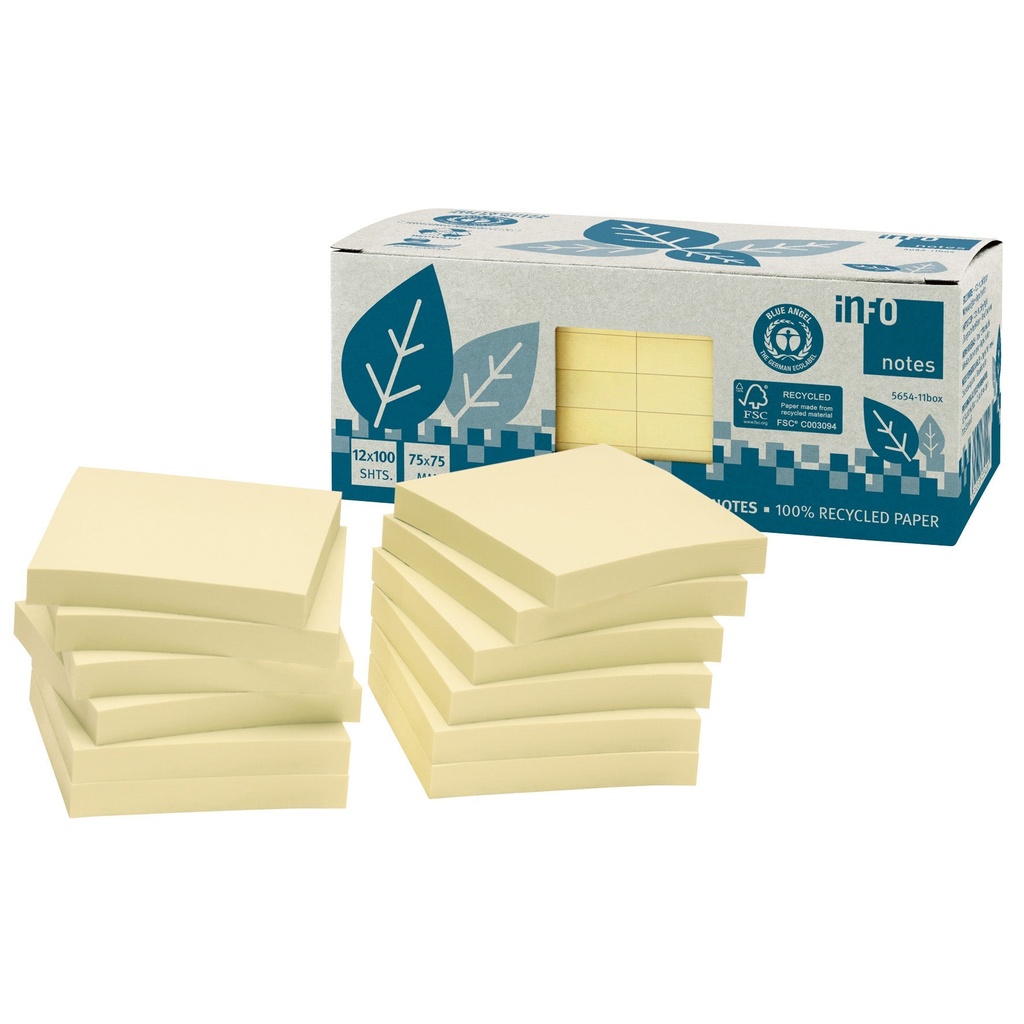 Notisblock Recycled 75x75 mm gul 12-pack