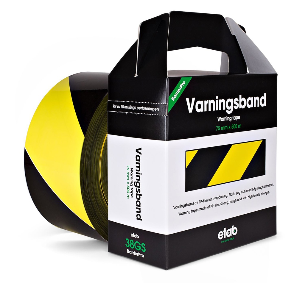 Varningsband 75mmx500m gul/svart