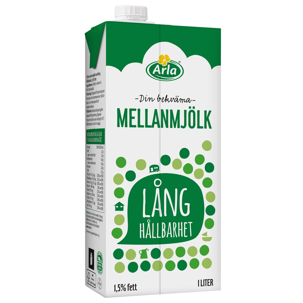 H-mjölk Arla Mellanmjölk 1,5% 1 liter Lång Hållbarhet