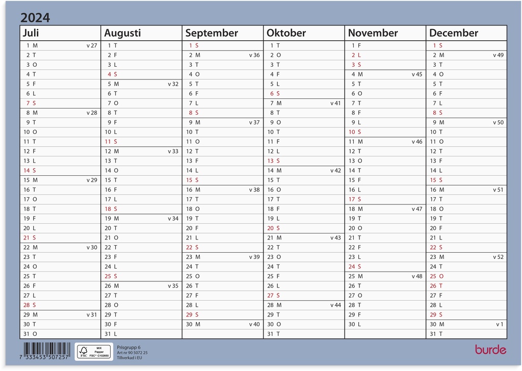 Väggkalender väggblad A4 24/25