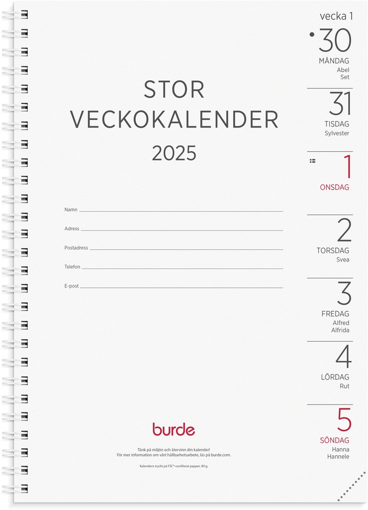 Stor Veckokalender 2025 refill