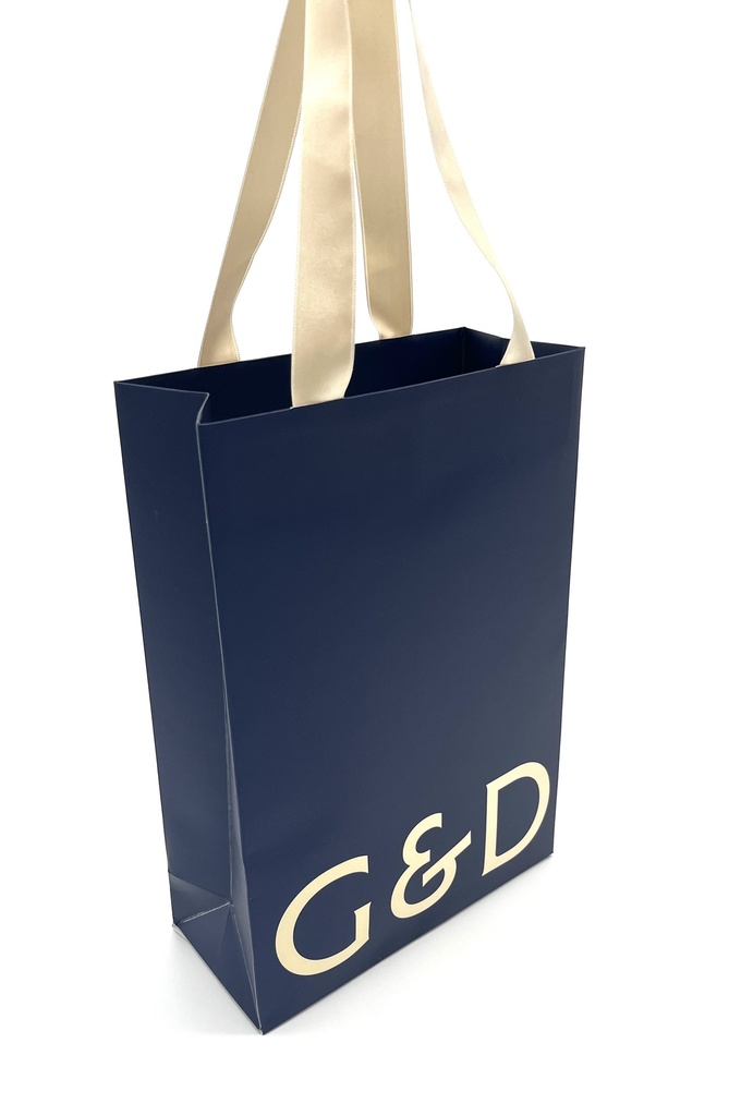 Papperkasse "liten" blå med beige logo, platta handtag 23x10x33 cm, 100st/krt