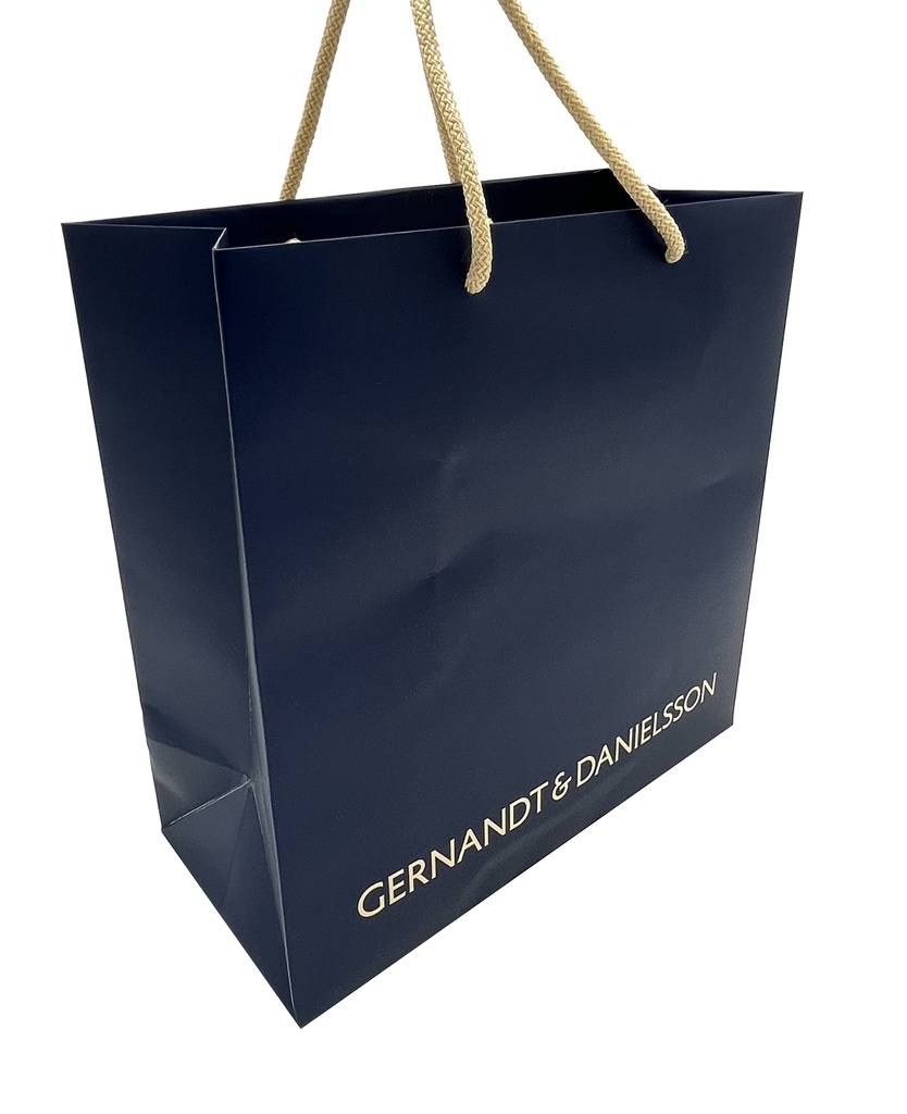 Papperkasse "stor" blå med beige logo 35x16x36 cm, runda handtag 80st/krt