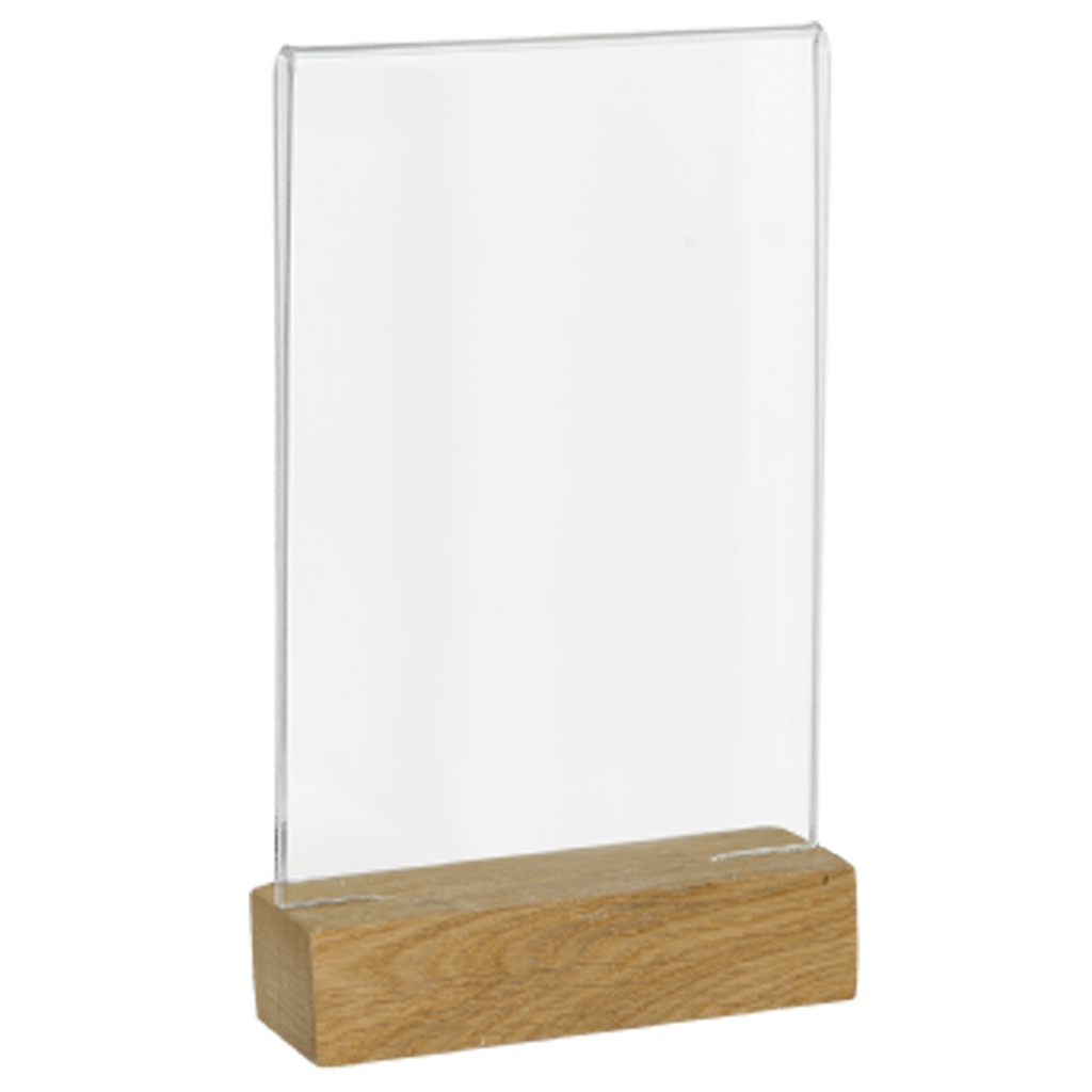 Akrylskylt A6 stående, träfot