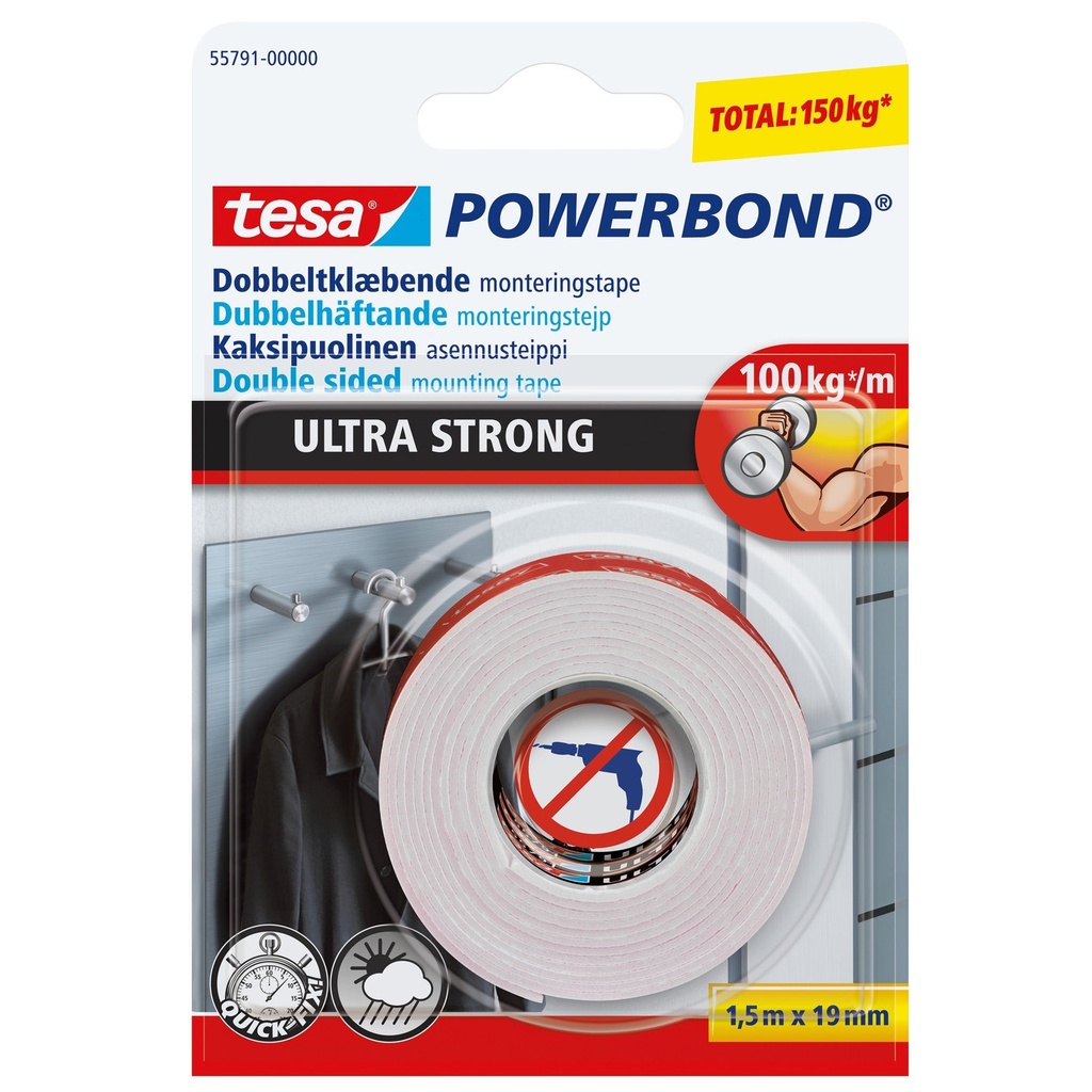 Monteringstejp dubbelhäftande Powerbond Ultra Strong 19 mm x 1,5 m