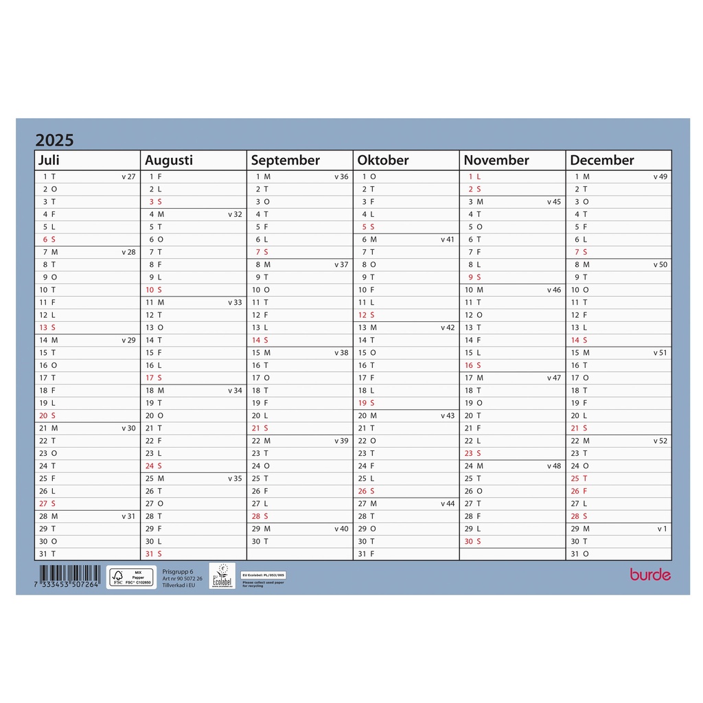 Väggkalender Väggblad A4 25/26