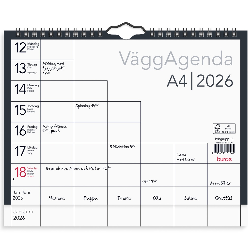 Väggkalender 2026 agenda A4