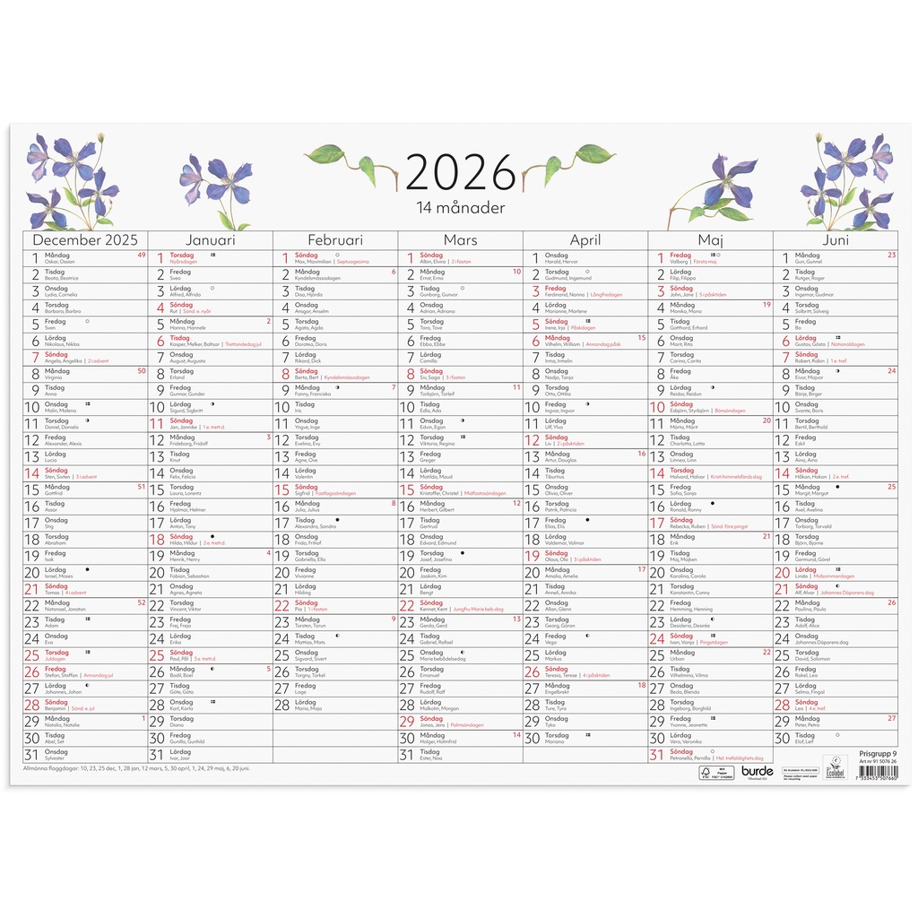 Väggblad 14-månader 2026