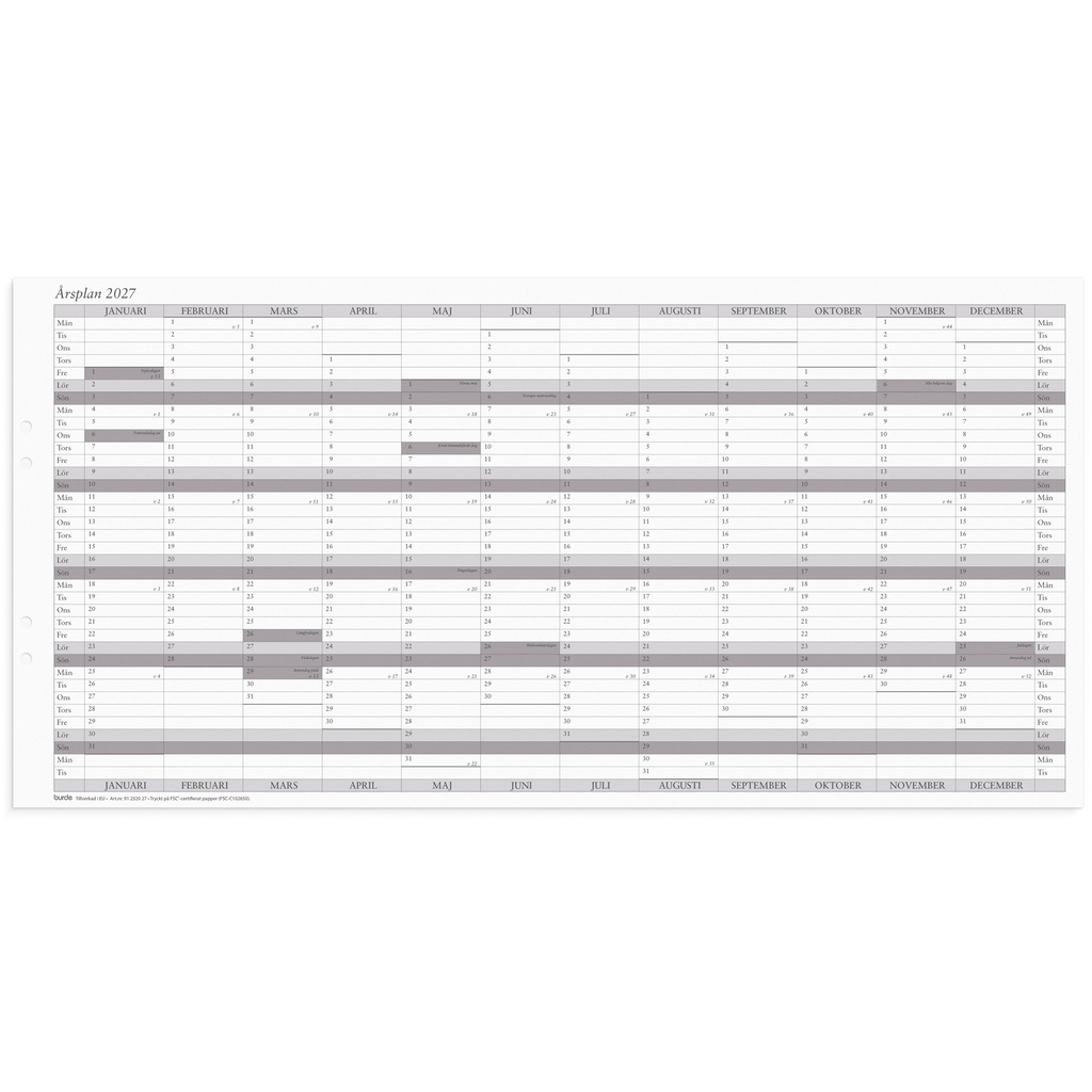Väggkalender 2027 Årsplan 5/fp