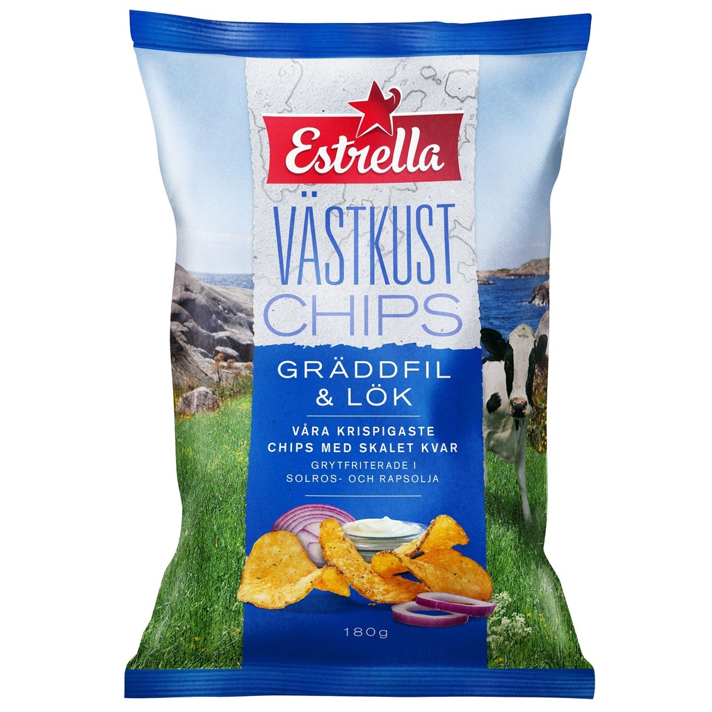 Västkustchips Estrella Gräddfil & Lök 18x180 g