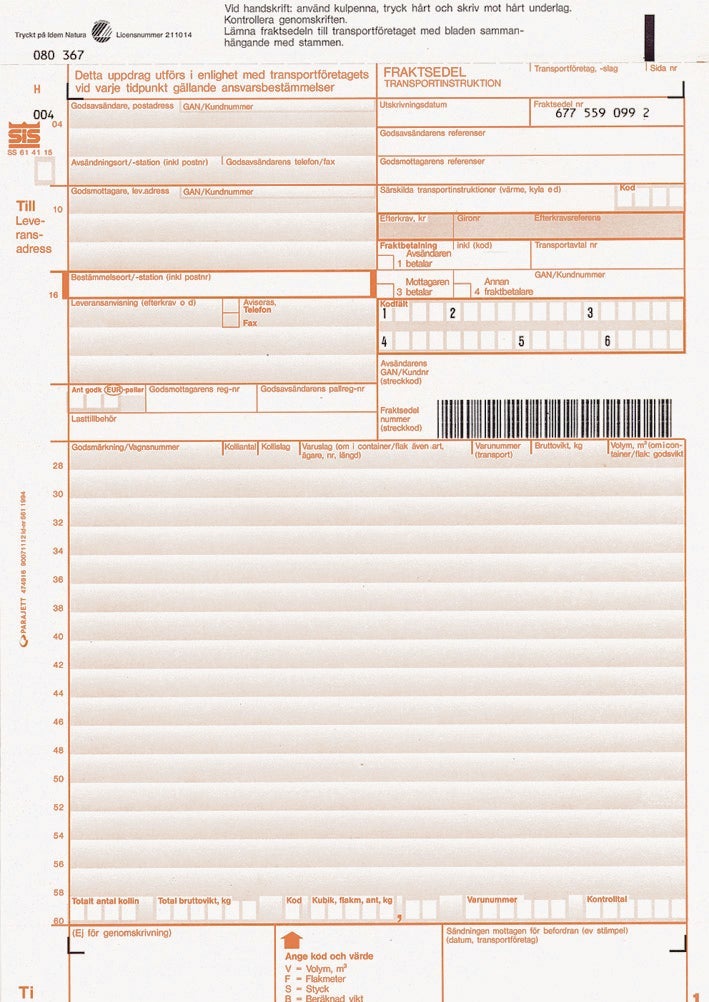 [2656760] Fraktsedel 1 original + 3 kopior 100 st/fp