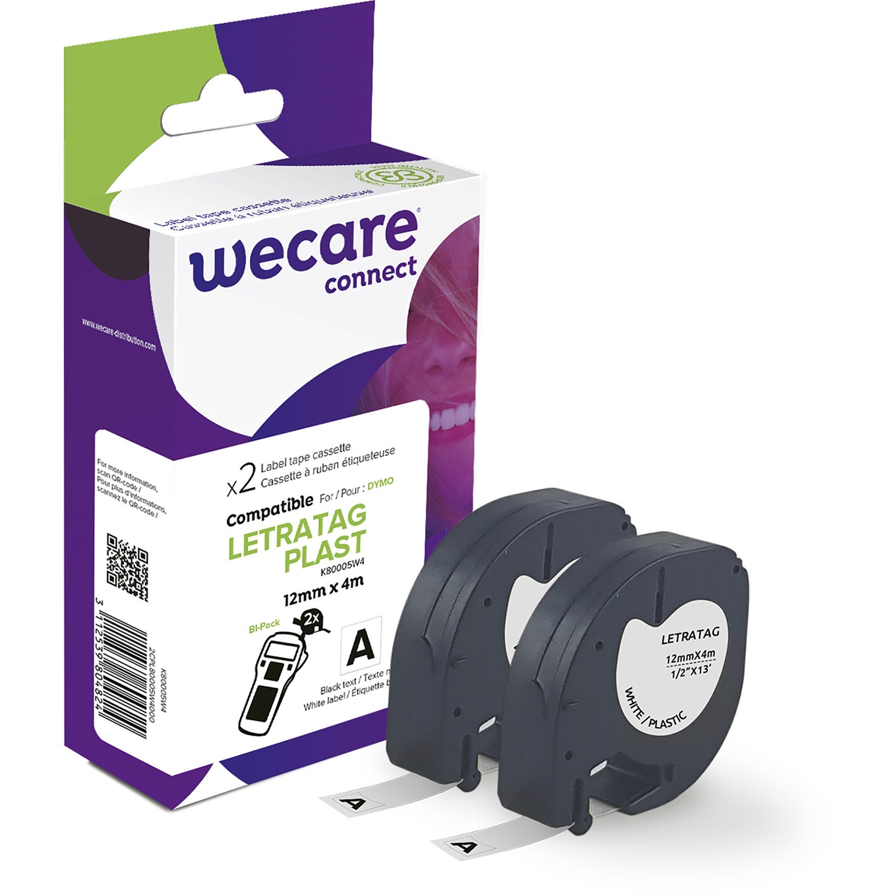 [8560480] Märkband Wecare 12 mm 4 Meter plast vit/svart 2-pack