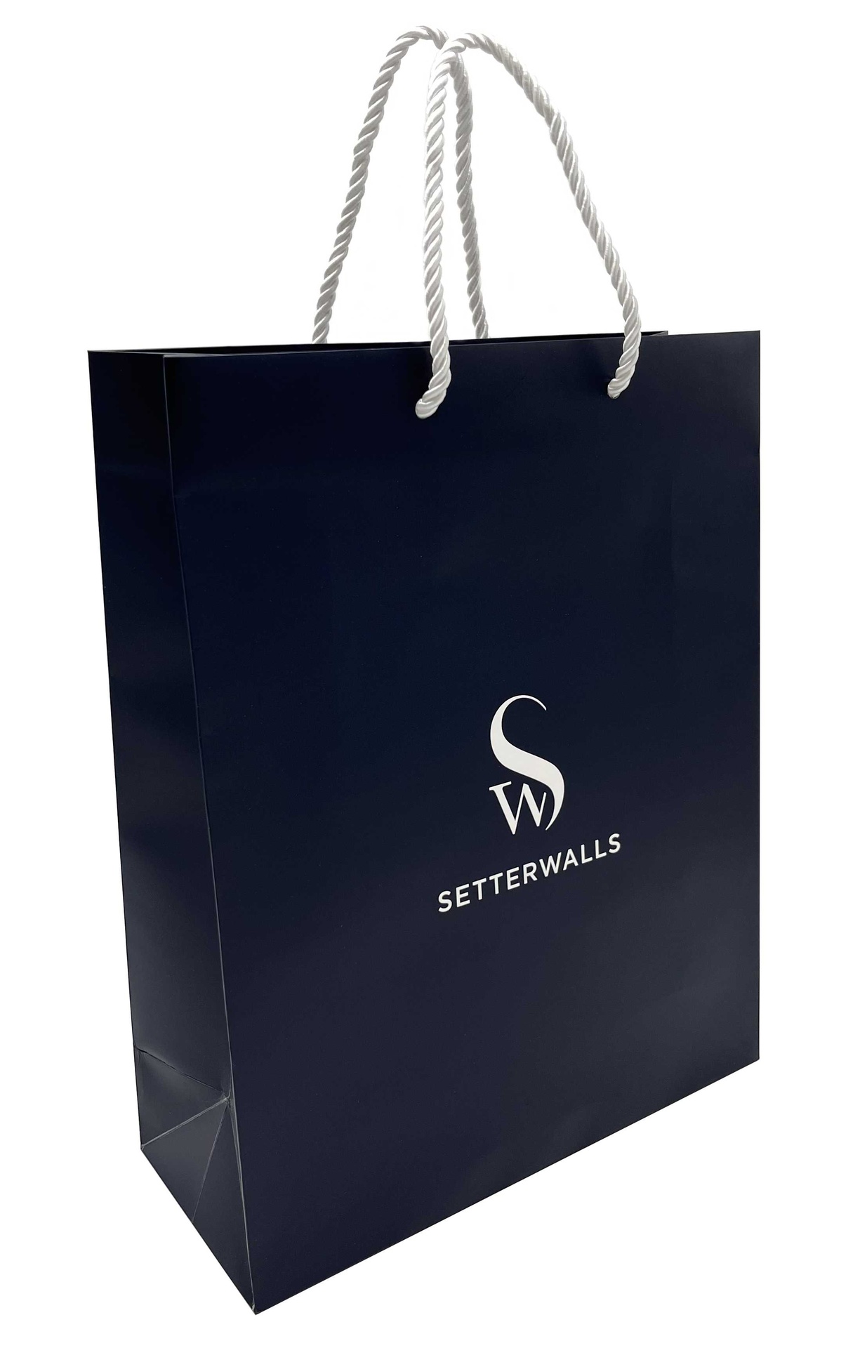 [EETFSET2082] Papperskasse "stor" blå 32+13x40 cm 100st/krt vit logo + UV lack + prägling