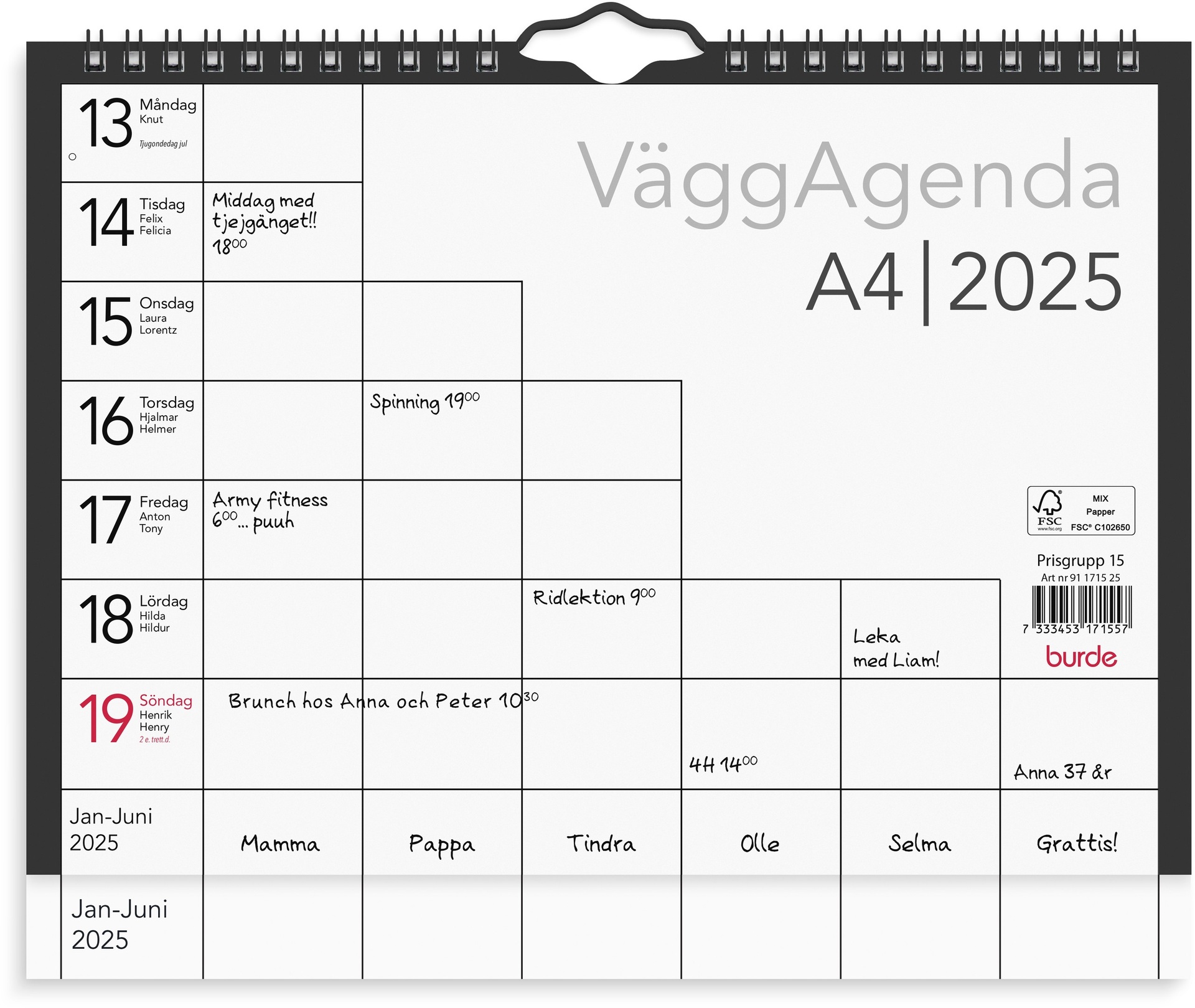 [61171525] Väggkalender 2025 Agenda A5