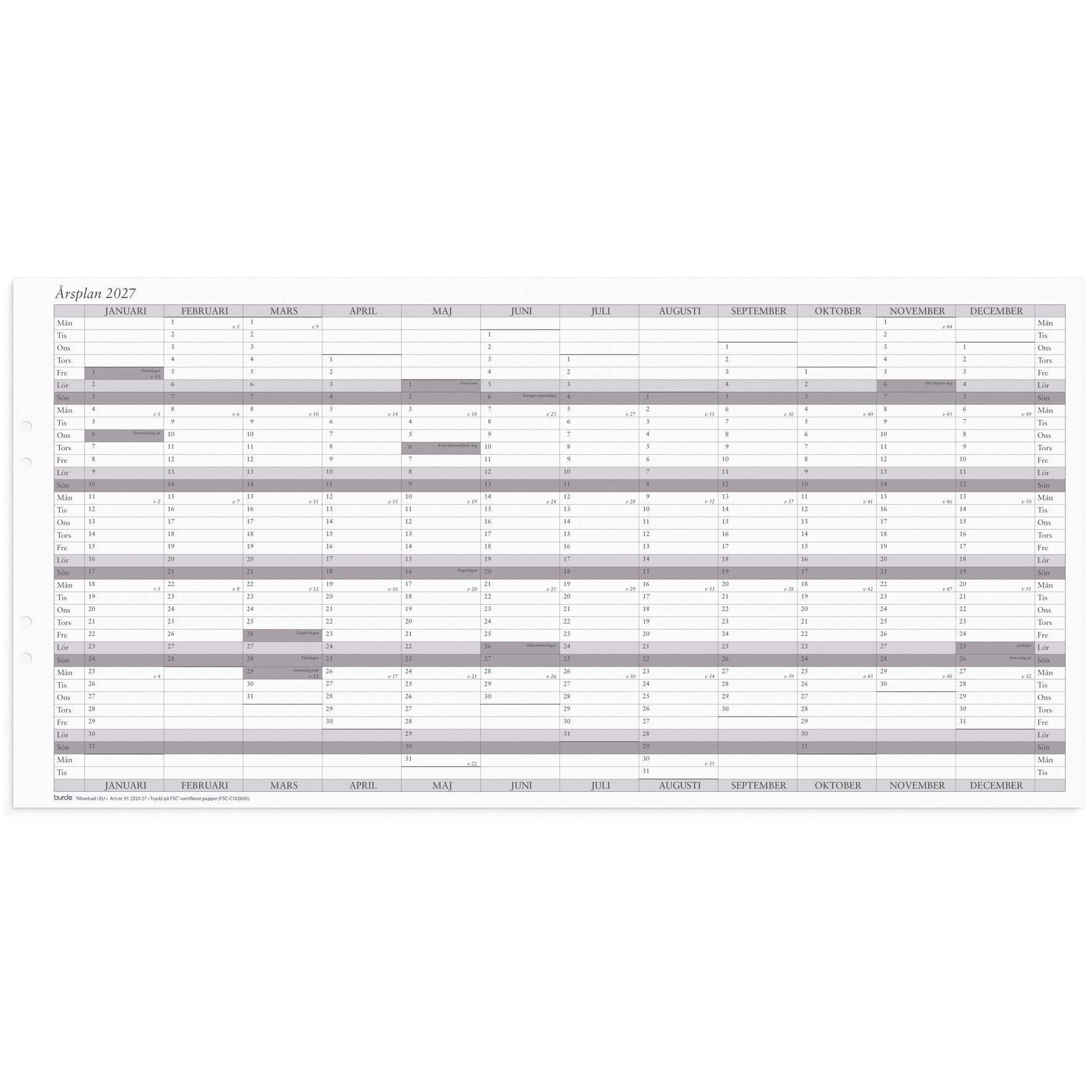 [61232027] Väggkalender 2027 Årsplan 5/fp