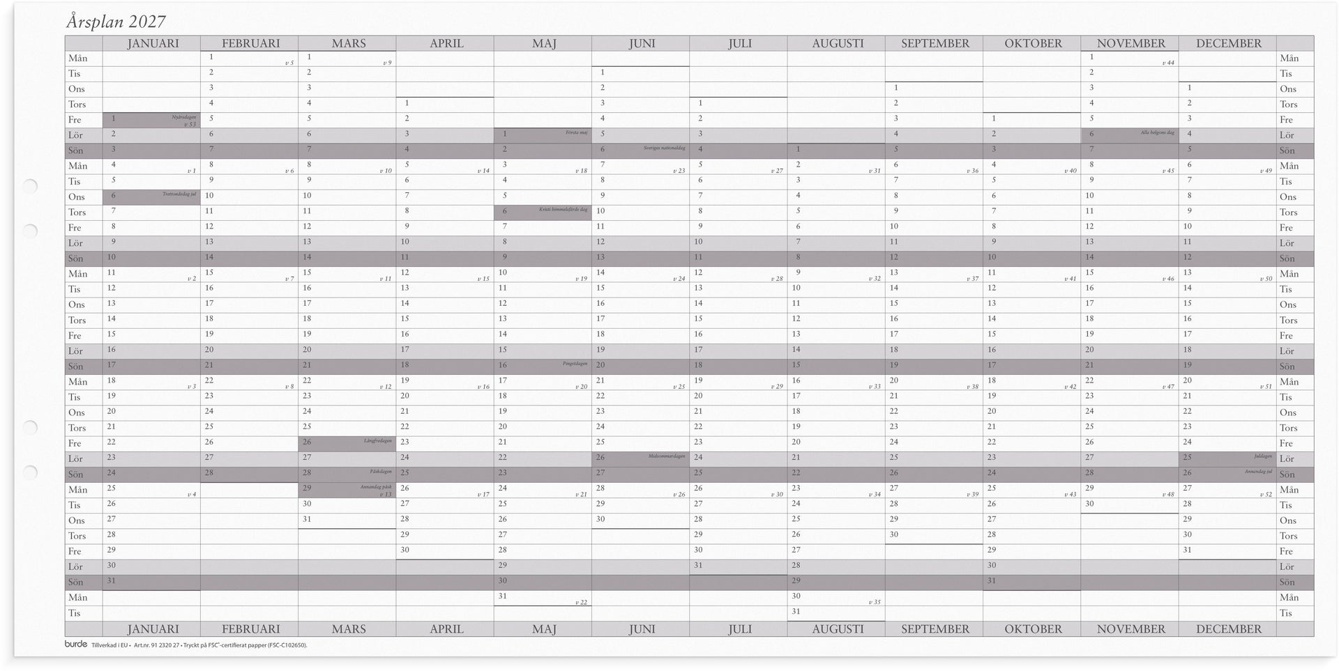 [61232027] Väggkalender 2027 Årsplan 5/fp