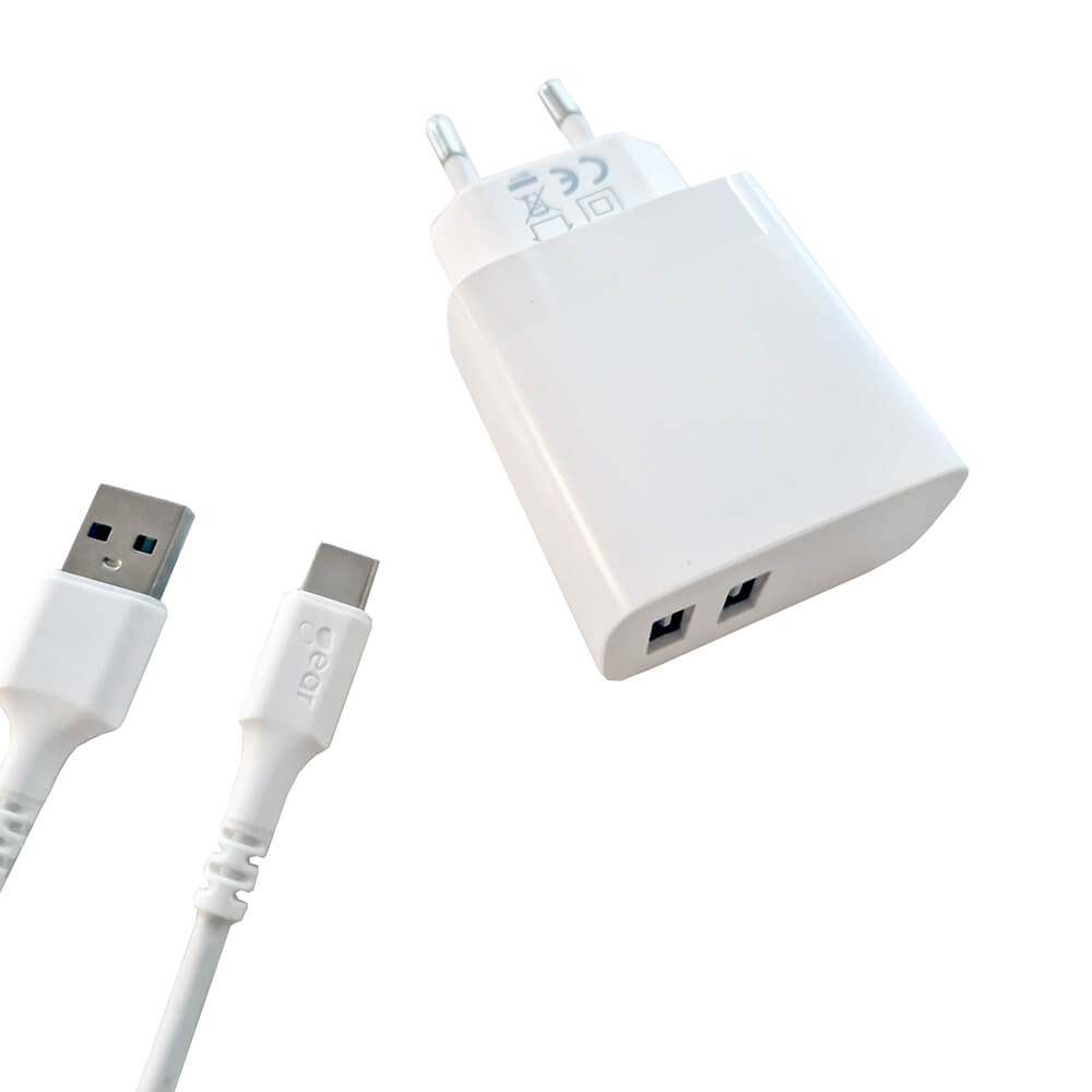[8568053] Laddare 220V 2xUSB 3.4A kabel USB-C 2.0 1 m vit